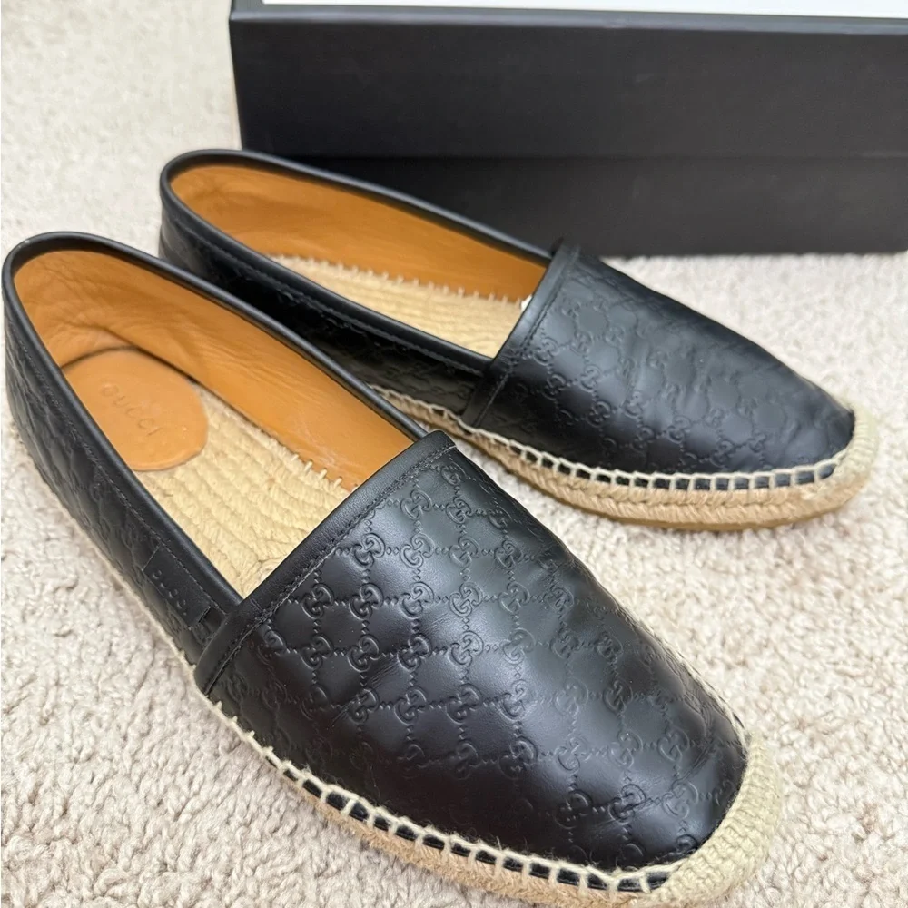 Gucci Black Embossed Leather Espadrilles